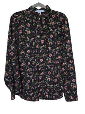 Hill House Size Large Black Floral Button Down Blouse Pocket Romantic
